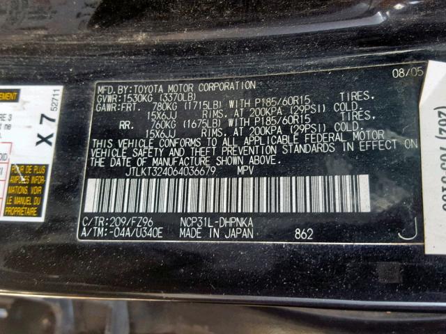 JTLKT324064036679 - 2006 SCION XB BLACK photo 10