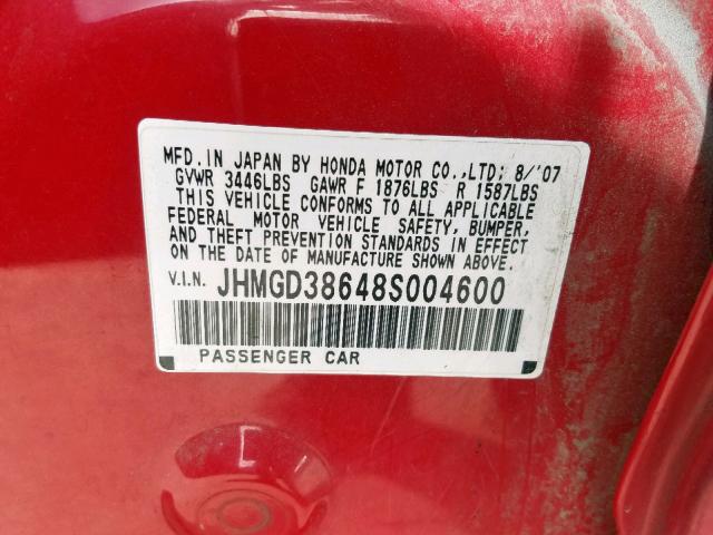 JHMGD38648S004600 - 2008 HONDA FIT SPORT RED photo 10