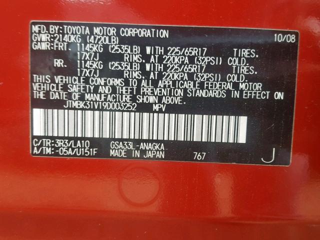 JTMBK31V19D003252 - 2009 TOYOTA RAV4 LIMIT RED photo 10