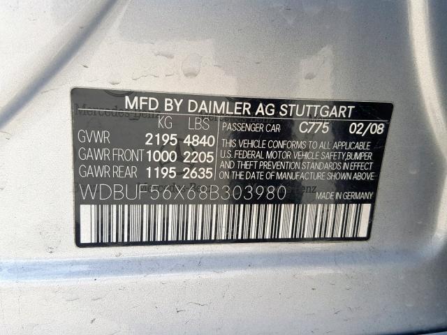 WDBUF56X68B303980 - 2008 MERCEDES-BENZ E 350 SILVER photo 10