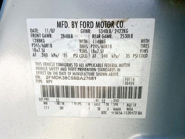 2FMDK38C58BA27681 - 2008 FORD EDGE SEL BLUE photo 10