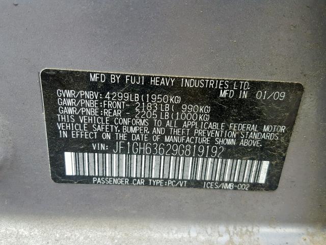 JF1GH63629G819192 - 2009 SUBARU IMPREZA OU SILVER photo 10