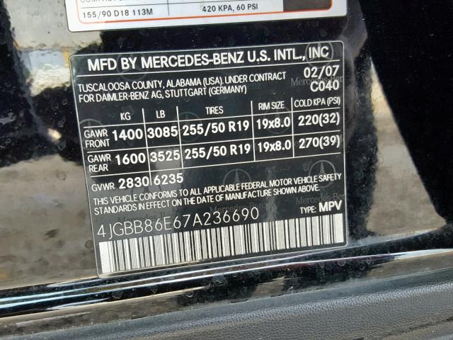 4JGBB86E67A236690 - 2007 MERCEDES-BENZ ML 350 BLACK photo 10