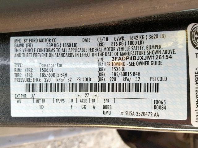 3FADP4BJXJM126154 - 2018 FORD FIESTA SE GRAY photo 10