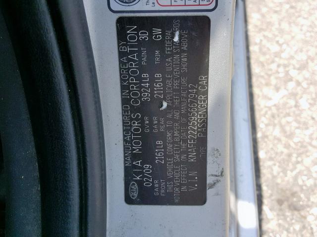 KNAFE222595667942 - 2009 KIA SPECTRA EX SILVER photo 10