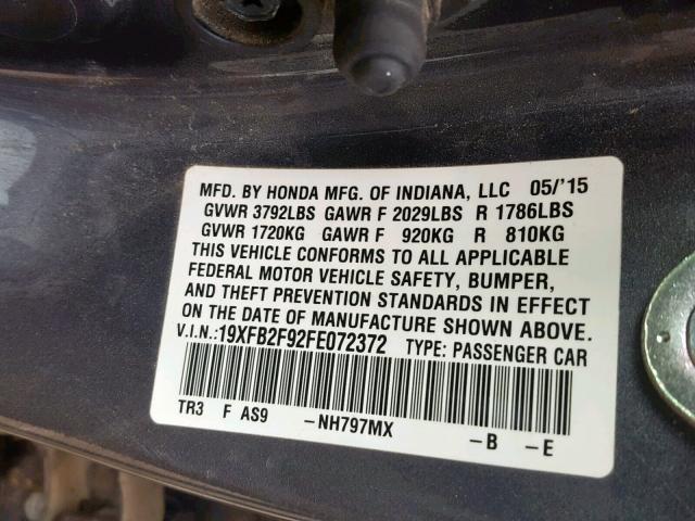 19XFB2F92FE072372 - 2015 HONDA CIVIC EXL 灰色 照片 10