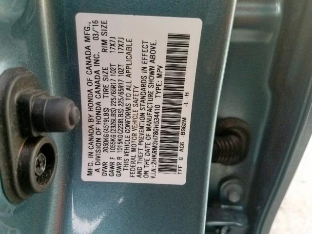 2HKRM3H78GH534410 - 2016 HONDA CR-V EXL BLUE photo 10