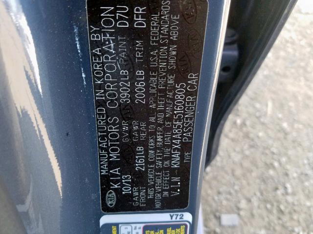 KNAFX4A85E5160805 - 2014 KIA FORTE EX GRAY photo 10