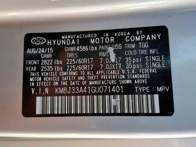 KM8J33A41GU071401 - 2016 HYUNDAI TUCSON LIM WHITE photo 10