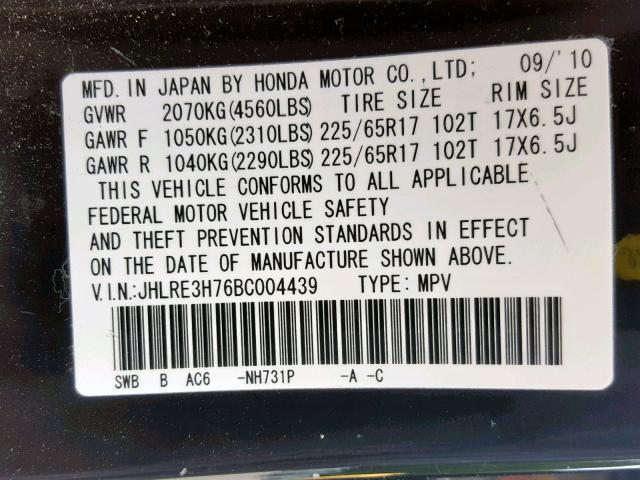 JHLRE3H76BC004439 - 2011 HONDA CR-V EXL CHARCOAL photo 10