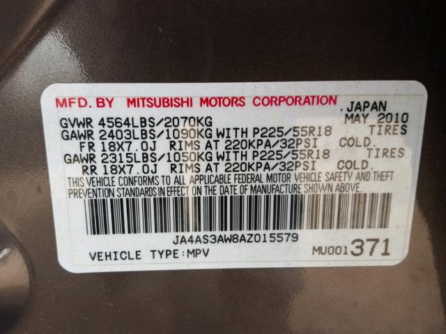 JA4AS3AW8AZ015579 - 2010 MITSUBISHI OUTLANDER BROWN photo 10