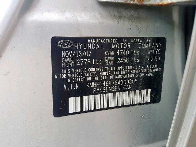 KMHFC46F78A309308 - 2008 HYUNDAI AZERA SE SILVER photo 10