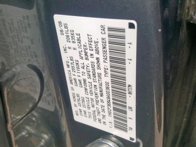 1HGCP36849A003600 - 2009 HONDA ACCORD EXL GRAY photo 10