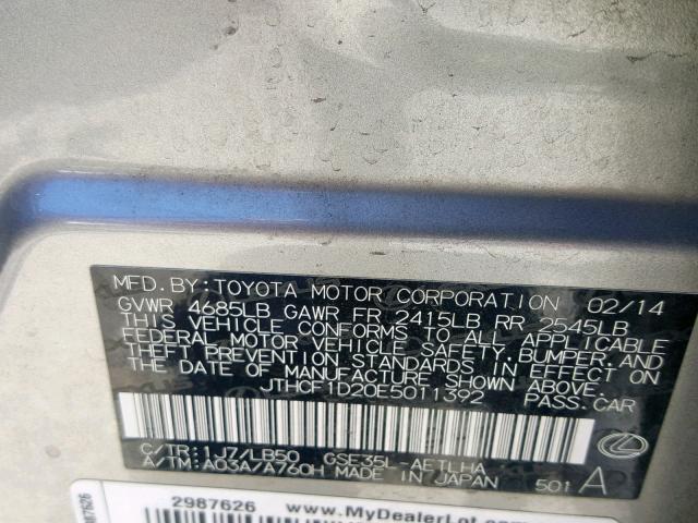 JTHCF1D20E5011392 - 2014 LEXUS IS 250 GRAY photo 10