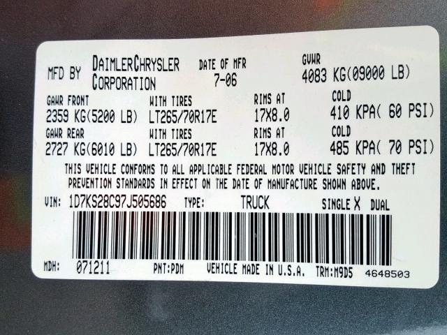 1D7KS28C97J505686 - 2007 DODGE RAM 2500 S ნაცრისფერი ფოტო 10