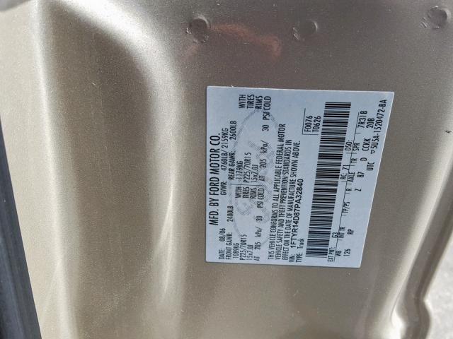 1FTYR14D87PA32840 - 2007 FORD RANGER SUP GOLD photo 10