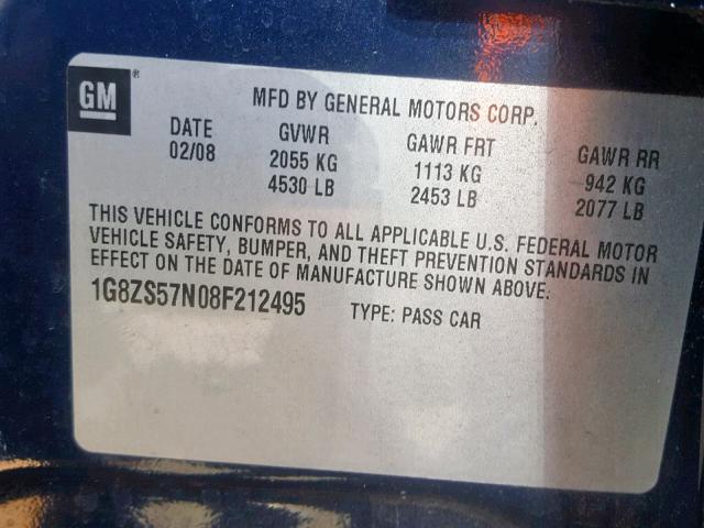 1G8ZS57N08F212495 - 2008 SATURN AURA XE BLUE photo 10