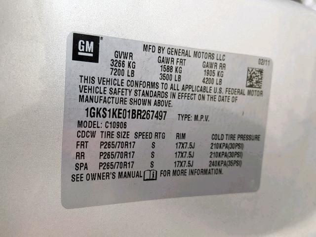 1GKS1KE01BR267497 - 2011 GMC YUKON XL C SILVER photo 10