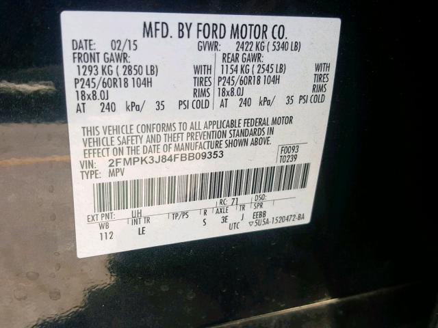 2FMPK3J84FBB09353 - 2015 FORD EDGE SEL BLACK photo 10