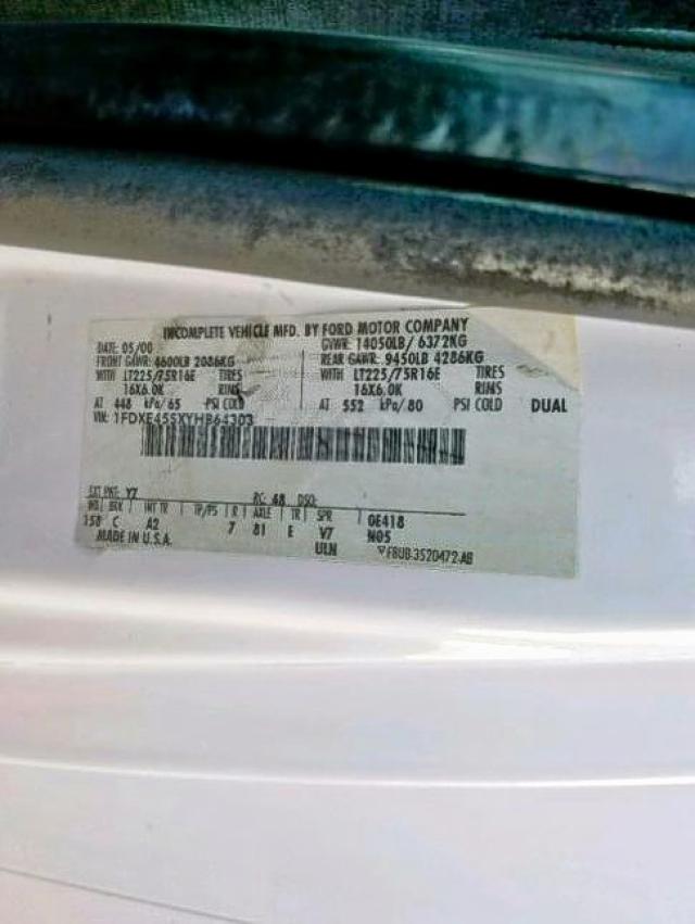 1FDXE45SXYHB64303 - 2000 FORD F450 WHITE photo 10