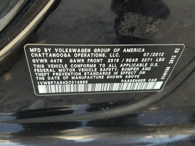 1VWBP7A34DC014863 - 2013 VOLKSWAGEN PASSAT SE BLACK photo 10