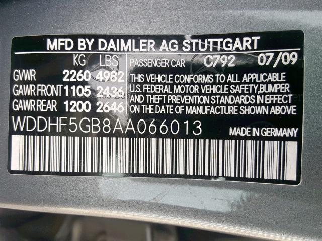 WDDHF5GB8AA066013 - 2010 MERCEDES-BENZ E 350 GRAY photo 10