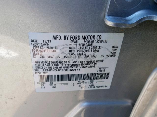 2FMDK3JC9DBB29571 - 2013 FORD EDGE SEL SILVER photo 10