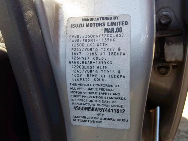 4S6DM58W6Y4411812 - 2000 HONDA PASSPORT E SILVER photo 10