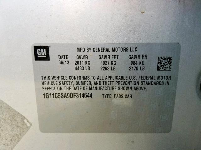 1G11C5SA9DF314644 - 2013 CHEVROLET MALIBU 1LT 银色 照片 10