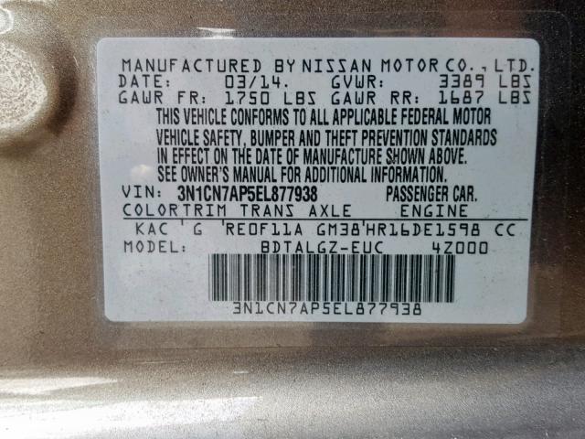 3N1CN7AP5EL877938 - 2014 NISSAN VERSA S  photo 10