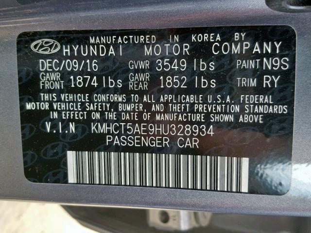 KMHCT5AE9HU328934 - 2017 HYUNDAI ACCENT SE GRAY photo 10