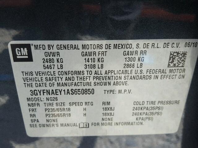 3GYFNAEY1AS650850 - 2010 CADILLAC SRX LUXURY GRAY photo 10