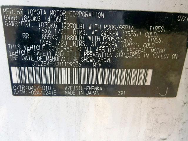 JTLZE4FE0B1129036 - 2011 TOYOTA SCION XB 白色 照片 10