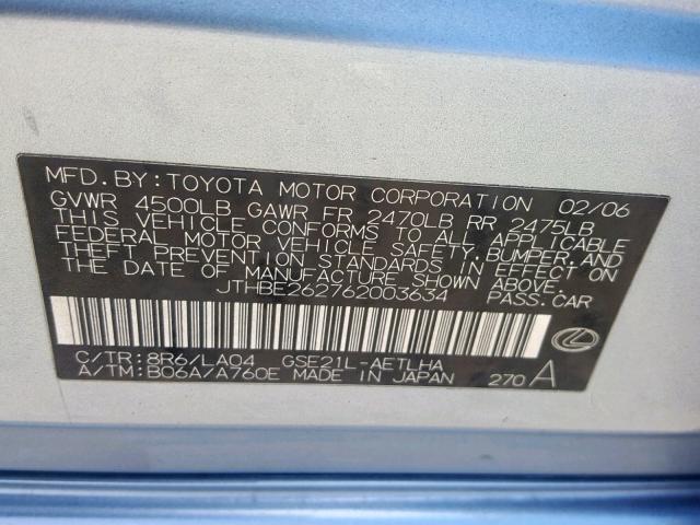 JTHBE262762003634 - 2006 LEXUS IS 350 BLUE photo 10