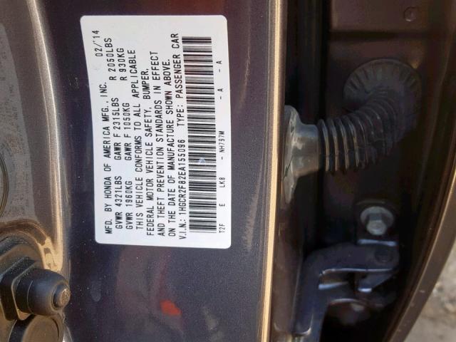 1HGCR2F82EA155096 - 2014 HONDA ACCORD EXL GRAY photo 10