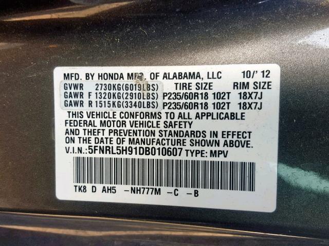 5FNRL5H91DB010607 - 2013 HONDA ODYSSEY TO GRAY photo 10