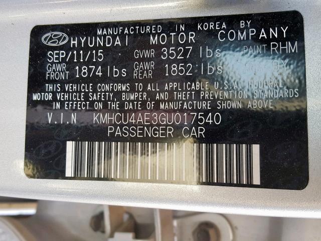 KMHCU4AE3GU017540 - 2016 HYUNDAI ACCENT SE SILVER photo 10