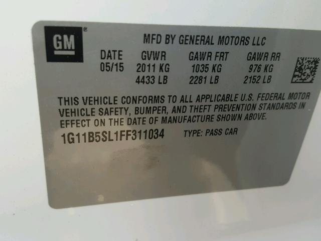 1G11B5SL1FF311034 - 2015 CHEVROLET MALIBU LS 白色 照片 10