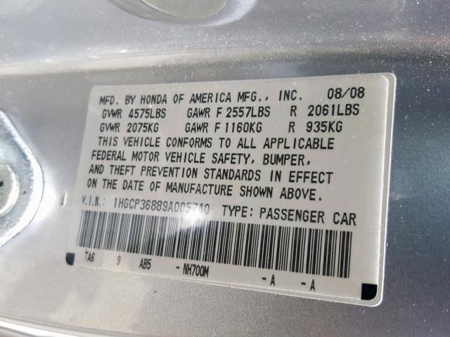 1HGCP36889A005740 - 2009 HONDA ACCORD EXL SILVER photo 10