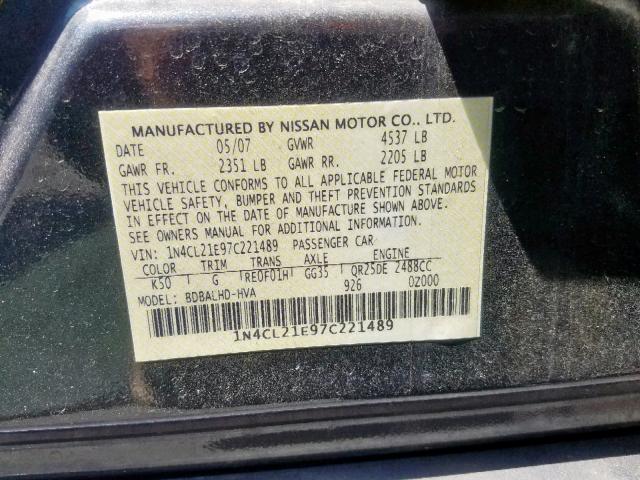 1N4CL21E97C221489 - 2007 NISSAN ALTIMA HYB GRAY photo 10