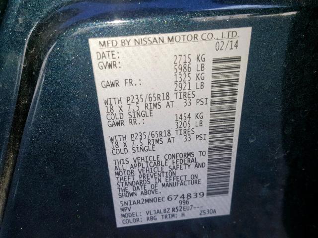 5N1AR2MN0EC674839 - 2014 NISSAN PATHFINDER GRAY photo 10