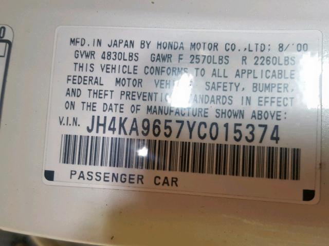 JH4KA9657YC015374 - 2000 ACURA 3.5RL BEIGE photo 10