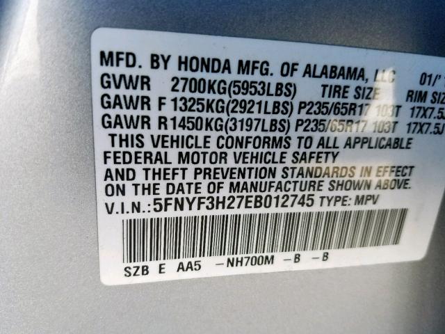 5FNYF3H27EB012745 - 2014 HONDA PILOT LX SILVER photo 10