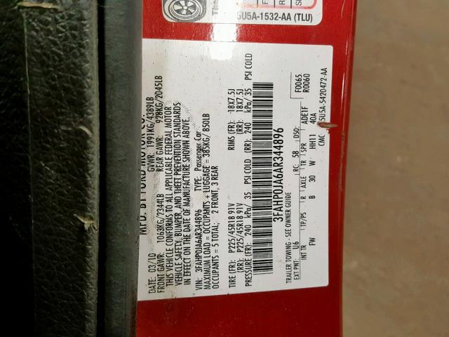3FAHP0JA6AR344896 - 2010 FORD FUSION SEL RED photo 10