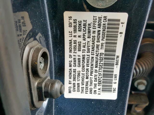 19XFC1F77GE210270 - 2016 HONDA CIVIC EXL 石墨色 照片 10