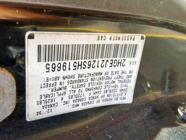 2HGEJ2126SH519665 - 1995 HONDA CIVIC DX YELLOW photo 10