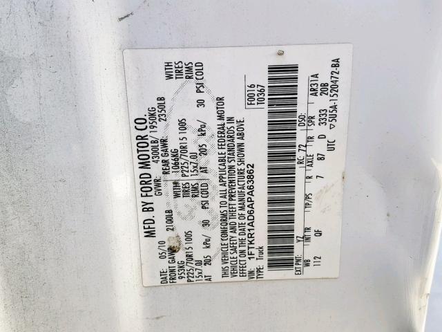 1FTKR1AD6APA63862 - 2010 FORD RANGER WHITE photo 10