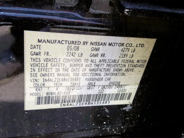 1N4AL21E48N535483 - 2008 NISSAN ALTIMA 2.5 BLACK photo 10