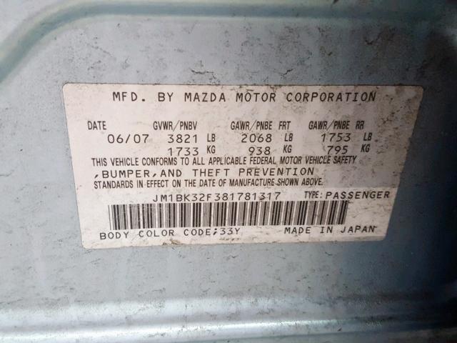 JM1BK32F381781317 - 2008 MAZDA 3 I TEAL photo 10