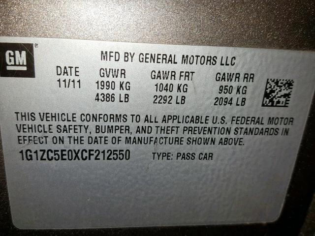 1G1ZC5E0XCF212550 - 2012 CHEVROLET MALIBU 1LT 灰色 照片 10